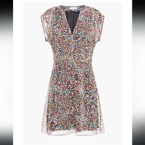 Equipment Silk Georgette Sheer Floral Overlay Lined Bohemian Flowy V Neck Dress